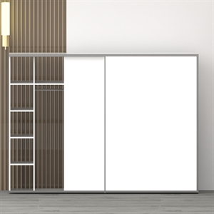Garderobeskab 267,30 cm med 2 hvide skydelåger – hylder og bøjlestænger, dansk design, nem montering